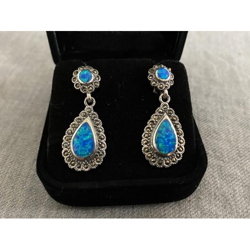 295 - Pair of silver, blue opal & marcasite earrings