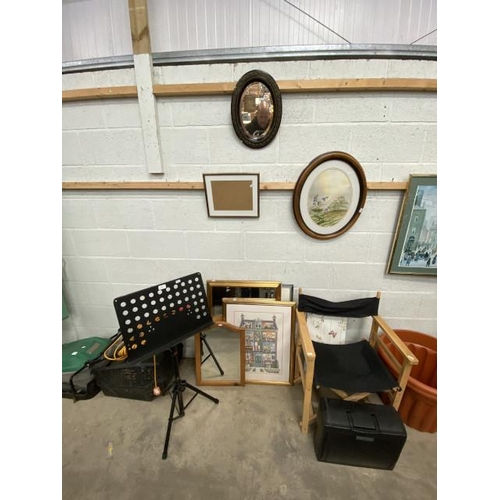 3 - Folding directors chair 59W, assorted framed pictures and mirrors, Dixon music stand etc