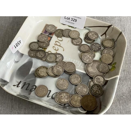 329 - Tray of silver coinage inc. George V three pence's, Victoria two shilling etc.