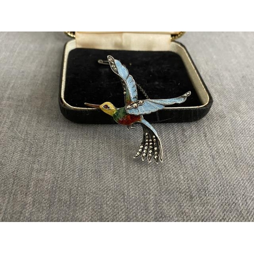 333 - Antique silver bird brooch. Enamel and marcasite.