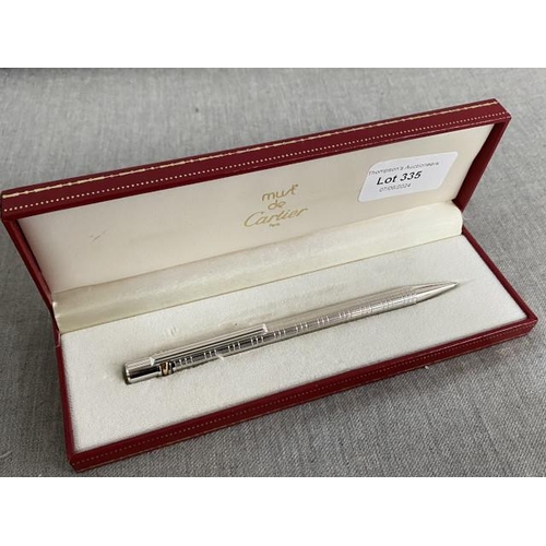 335 - Cased Must de Cartier Ballpoint Pen, Brushed Silver & Gold Trim with booklets (765517)