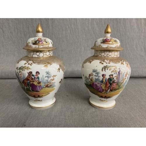 338 - Pair of Helena Wolfsohn porcelain vases with covers decorated with romantic scenes both with Augustu... 