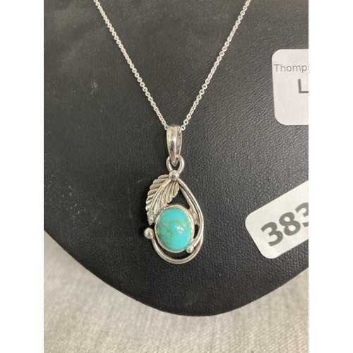 339 - Silver & turquoise pendant on silver chain, 44cm long