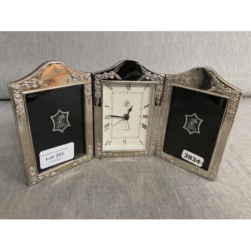 353 - 925 silver double photograph frame & clock (Frames 10x7.5cm each & clock battery operated, sold as s... 