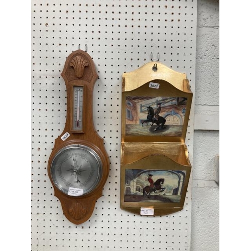 361 - Gilt wooden wall mounted letter rack & oak wall barometer