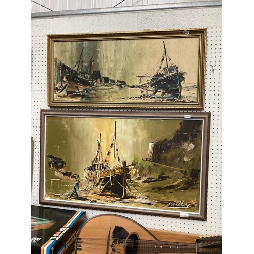 383 - 2 mid century Bill Hawkes original oil paintings of fishing boats (82 x 49cm and 70 x 36cm)