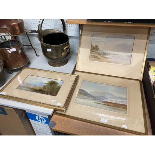 385 - 2 gilt framed pencil signed watercolours 54x45cm, one missing glass & gilt framed unsigned oil paint... 