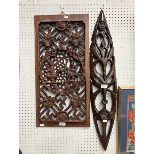 389 - Carved lattice panel 34x70cm & Tribal African carving 88x20cm