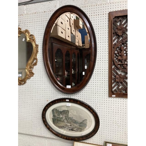 391 - Mahogany framed oval bevel edged mirror 49x78cm & framed coloured etching of Molsdale in Yorkshire 1... 