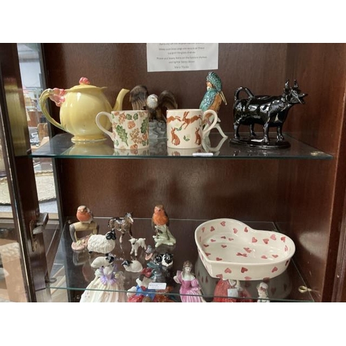 407 - 2 shelves of collectables including Goebel figurines, Emma Bridgewater cookware dish, Peregrine pott... 