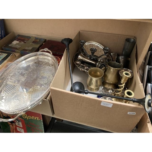 413 - Box of mixed metalware's inc. pair of brass open barley twist candlesticks, silver plated galleried ... 