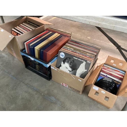 421 - 4 boxes of LP's & singles inc. David Bowie, Tom Jones, Tony Bennett, Carpenters, Nat King Cole etc.