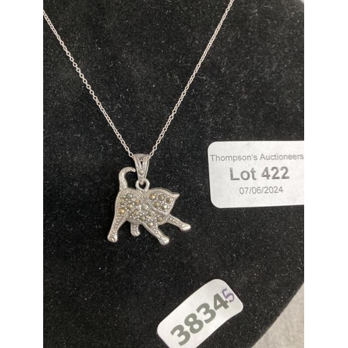 422 - Silver & marcasite Cat pendant on silver chain, 40cm long