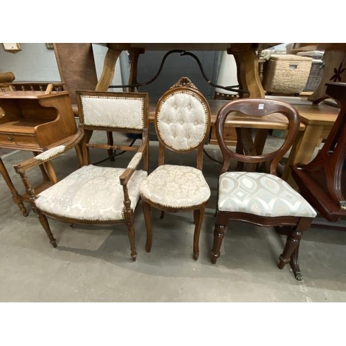 43 - French mahogany carver chair 57W, French mahogany bedroom chair 38W & a Victorian mahogany balloon b... 