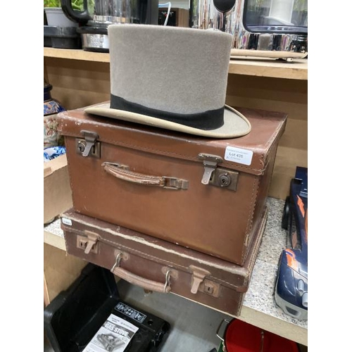 435 - Dunn & Co. top hat (no size) & 2 vintage travel cases (one as seen)