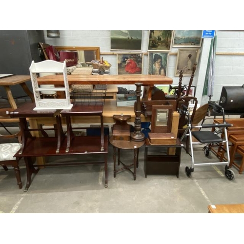 44 - Assorted furniture including an oak candle stand 72H, mahogany nest of 3 tables 50H 102W 46D, antiqu... 