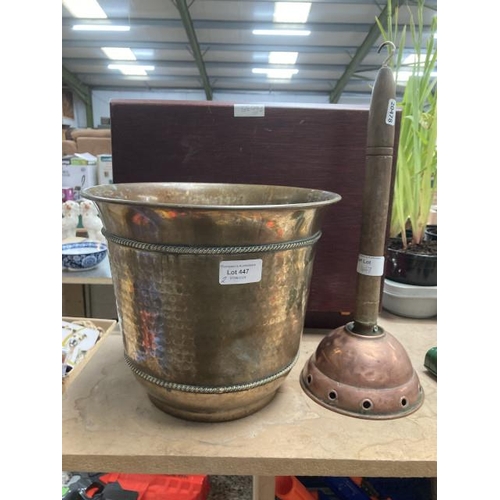 447 - Brass planter 23H 27Diam & copper dolly