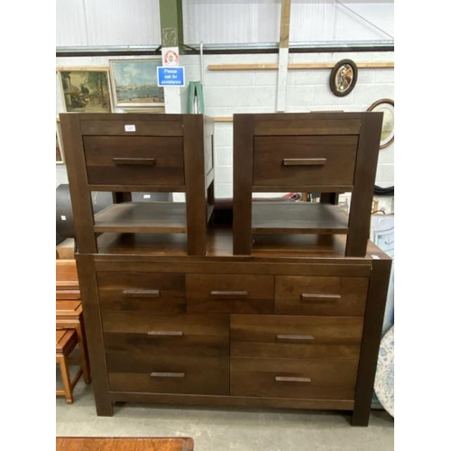 46 - Bentley Designs 'Lyon' walnut chest of drawers 88H 134W 50D and a matching pair of bedside chests 58... 