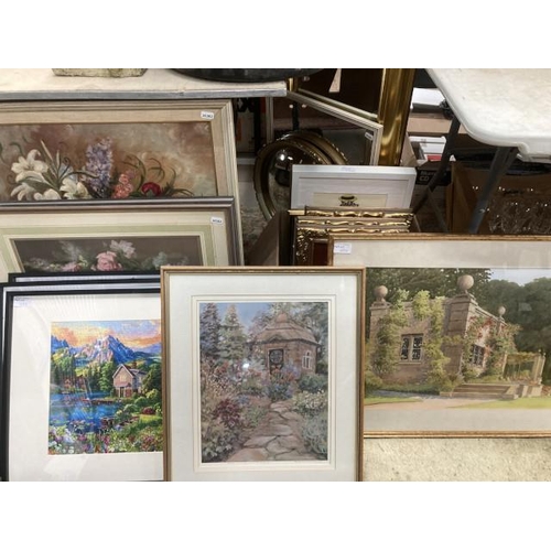 494 - Assorted framed pictures including completed jigsaw puzzles, still life oil on board, 2 prints 