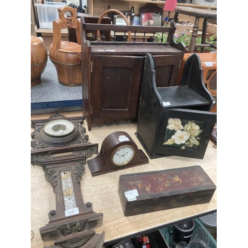 502 - Ornate carved oak barometer (as found) 77H, oak wall cupboard with one shelf 50H 46W 15D, Bell Bros ... 