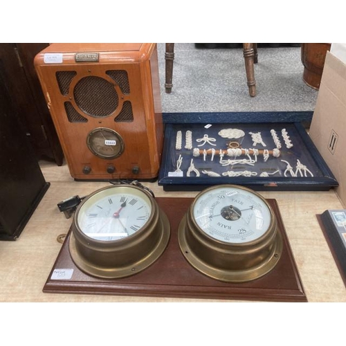 503 - Vintage Bush radio, Foster Callear wall mounted clock and barometer and a framed collection of Frenc... 