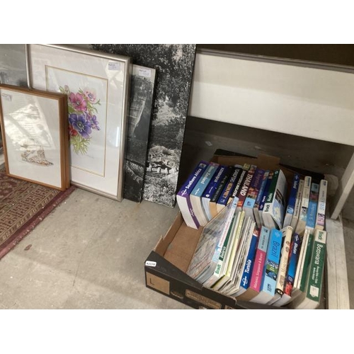 508 - Box of travel books/guides including Azerbaijan, Thailand, Botswana etc and a collection of framed p... 