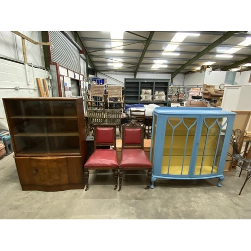 51 - Painted display cabinet with 1 key 126H 110W 33D, pair of carved oak side chairs 50W and a walnut di... 