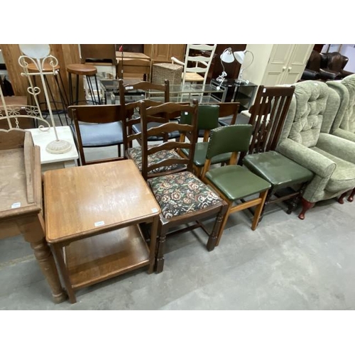 61 - Oak lamp table 56H 50W 50D and 5 assorted chairs including 2 oak ladder back chairs