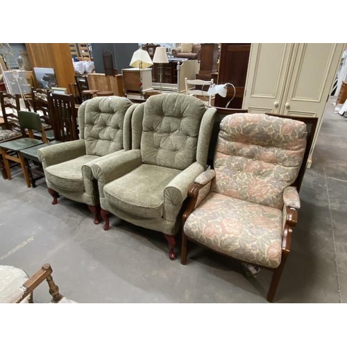 62 - Pair of green upholstered HSL chairs & a floral upholstered fireside chair