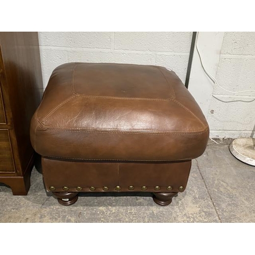 67 - Brown leather footstool with brass studs 50H 65W 65D