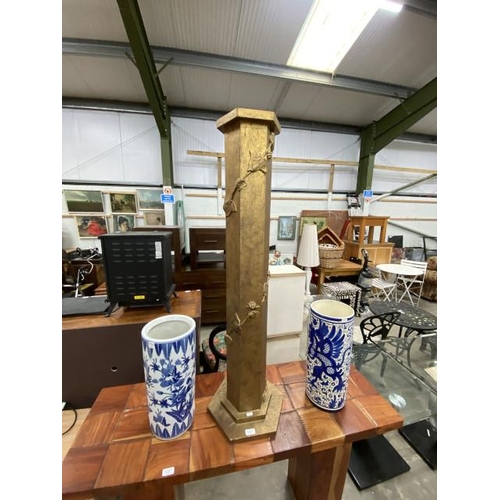 90 - 2 blue and white ceramic stick stands 45H & 47H and a gilt wooden torchere 123H