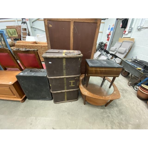 95 - Revelation vintage case, banded trunk, teak sewing table and a mid century glass top table