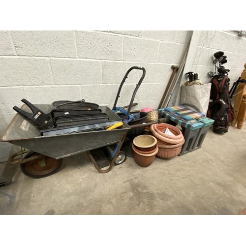 96 - Garden wheelbarrow, assorted planters, chimney rods etc