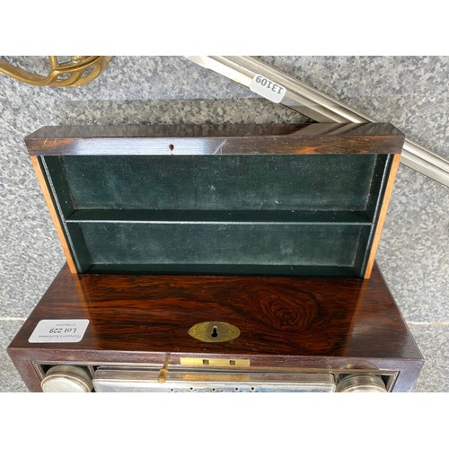 229 - Late Victorian/ Edwardian rosewood fitted traveling vanity box fitted with green velvet