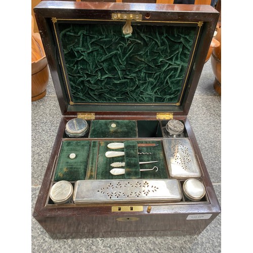 229 - Late Victorian/ Edwardian rosewood fitted traveling vanity box fitted with green velvet