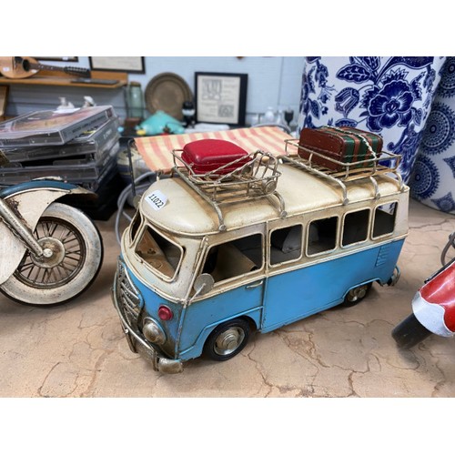 440 - 6 tin plate models inc. 2 motorcycles, caravan, camper van, tram etc.