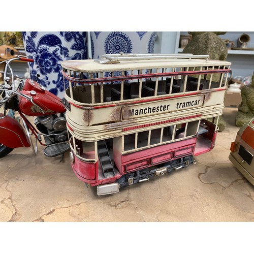 440 - 6 tin plate models inc. 2 motorcycles, caravan, camper van, tram etc.