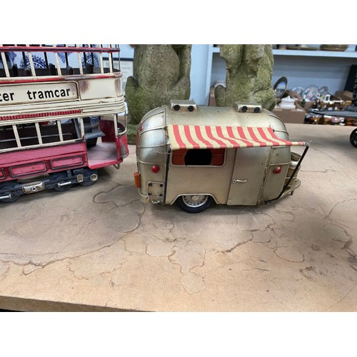 440 - 6 tin plate models inc. 2 motorcycles, caravan, camper van, tram etc.