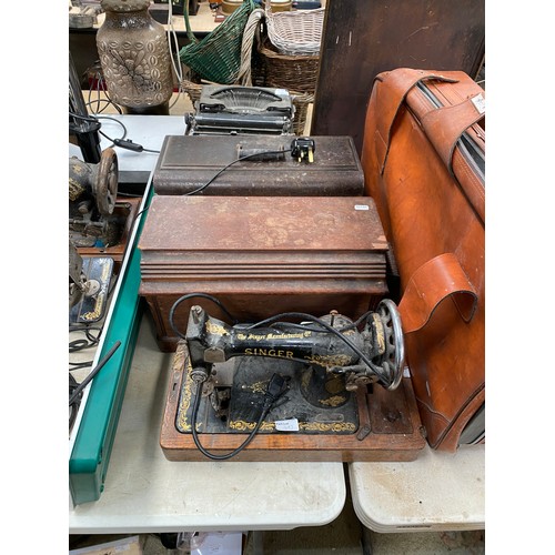 497 - Assorted collectables including Singer sewing machines (as found), suitcase of sewing and knitting r... 