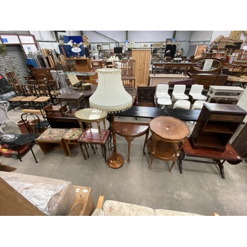 102 - 2 walnut occasional tables 43H 61cm diameter, mahogany bookcase 70H 92W 32D , dressing stool, gilt o... 