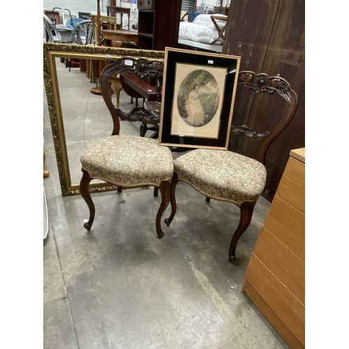 104 - Gilt picture frame, 2 antique rosewood balloon back chairs a framed coloured etching ‘Eloisa’ medita... 