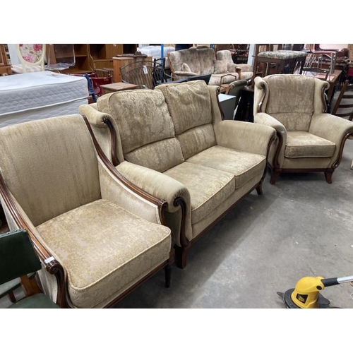 31 - Mahogany framed 3 piece suite (settee 159W, armchair 70W, armchair 99W)