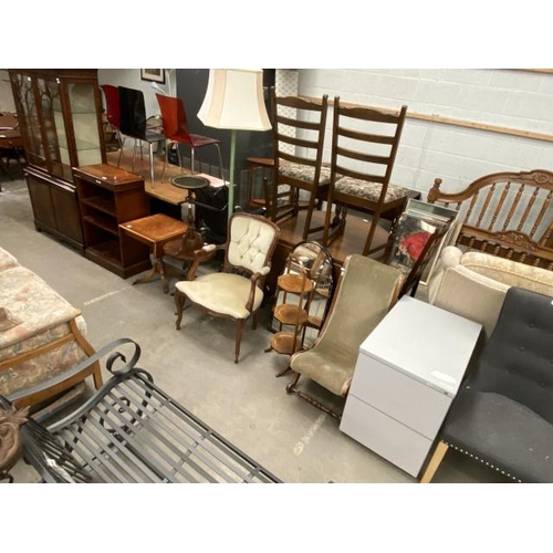 39 - Assorted furniture including a mahogany bookcase 90H 60W 32D, walnut cake stand 86H 27W 26D, walnut ... 