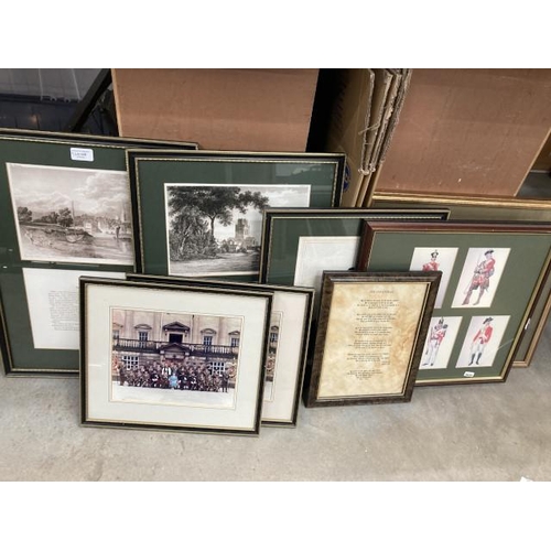 428 - Collection of military associated framed pictures including etchings and descriptions of Pontefract ... 