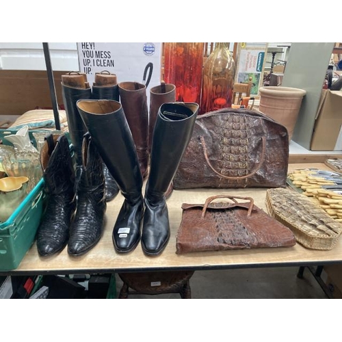 437 - 3 vintage leather bags (believed to be crocodile), 3 pairs of vintage leather riding boots (all size... 