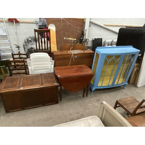 44 - Oak panelled blanket box 59H 114W 54D, painted display cabinet 126H 110W 33D and a mahogany Pembroke... 