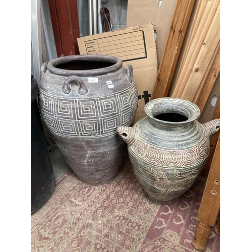 477 - 2 Amphora style garden urns 68H 42cm diameter & 52H 46cm diameter