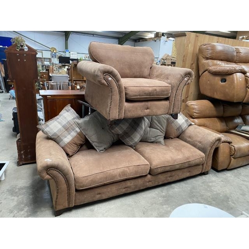 51 - DFS tan suede 2 piece suite (settee 244W & armchair 128W)