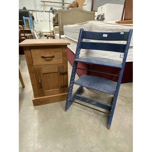 56 - Stokke Tripp Trapp chair in blue 78H 46W 33D and a pine bedside cupboard 66H 43W 39D