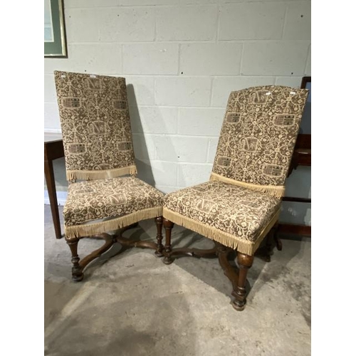 69 - 2 William and Mary style walnut side chairs, upholstered in needlework fabric 56W